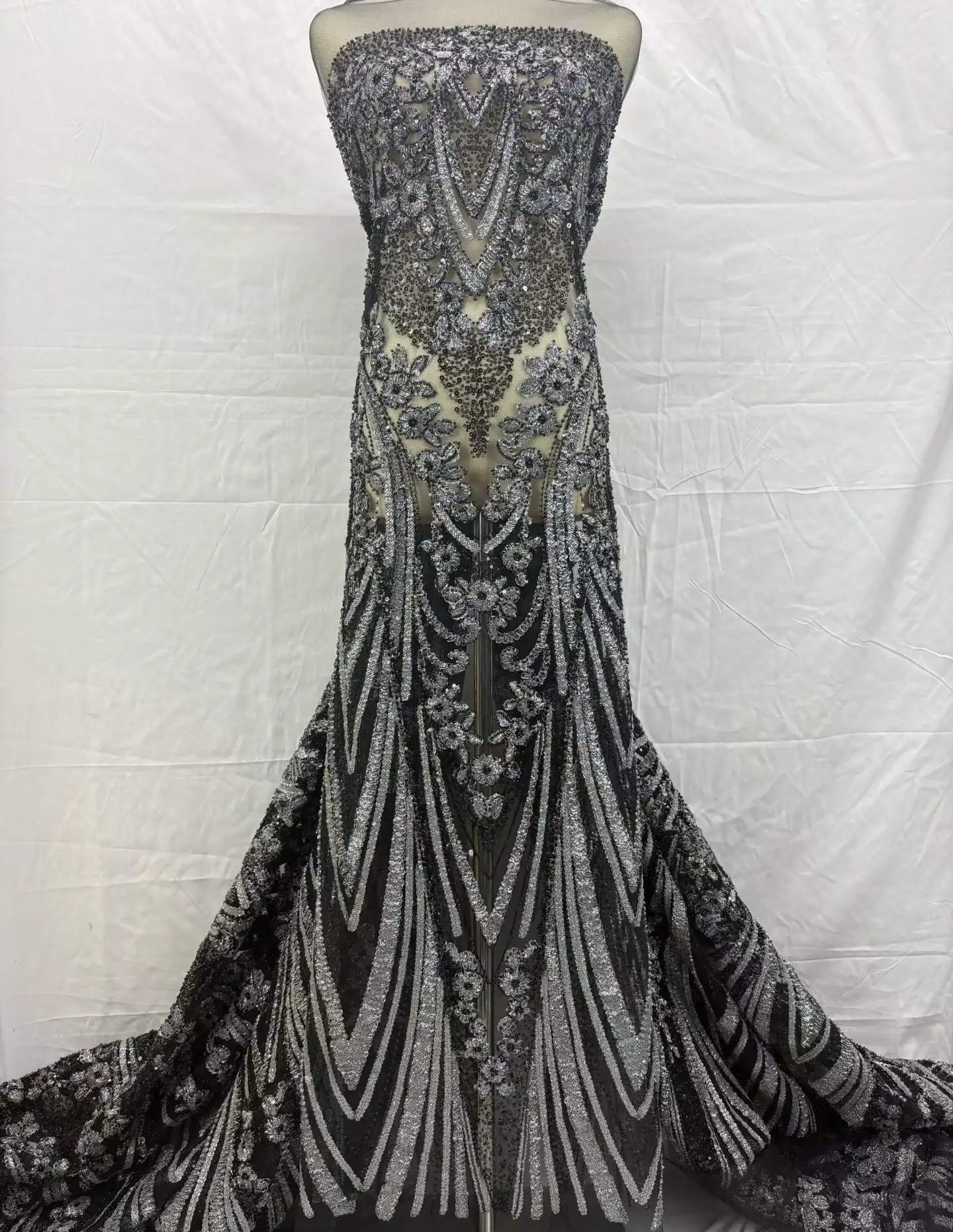 

Африканские сине-лиловые элегантные кружевные ткани с бисером и пайетками, тюлевые кружевные ткани с мятными бусинами, вышитые кружевные ткани для шитья