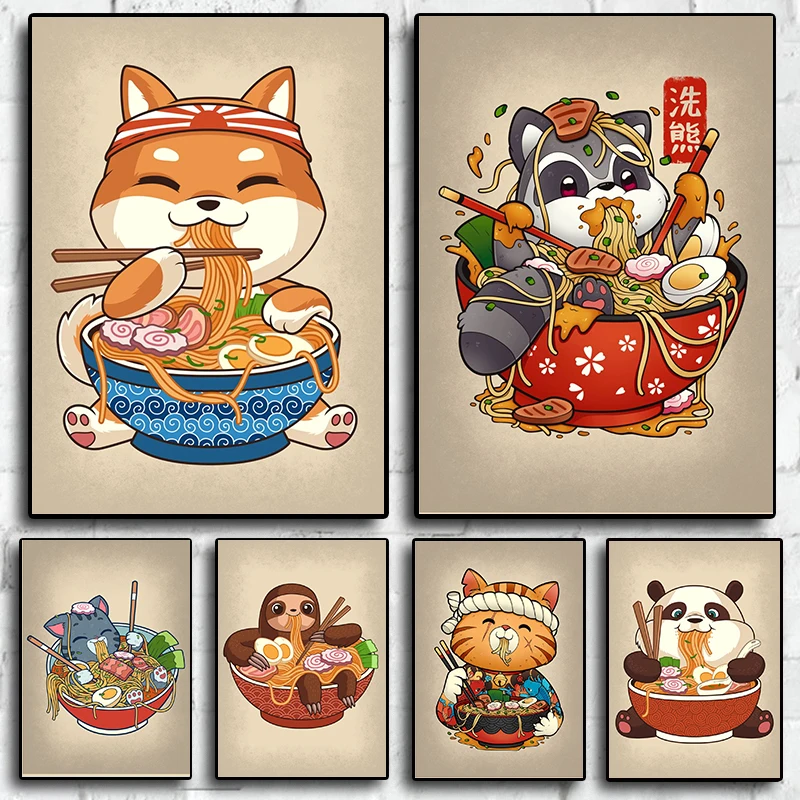 Pop Retro Cute Ramen Sushi Panda Cat Rabbit Drink Animals Food Poster Aesthetics Canvas Painting Wall Art Home Kawaii Room Decor