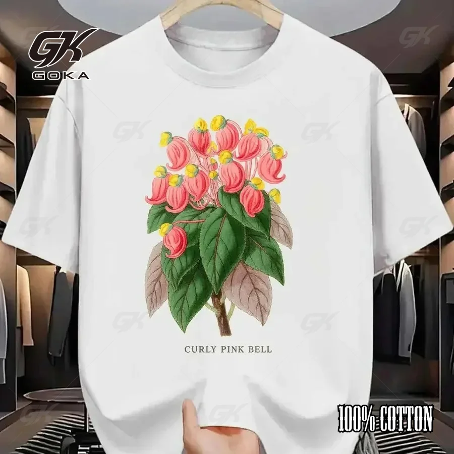 Curly Pink Bell Botanical Flower Art Print T-Shirt Unisex Clothes Vintage Floral White Casual Crewneck Tops Y2k Clothes
