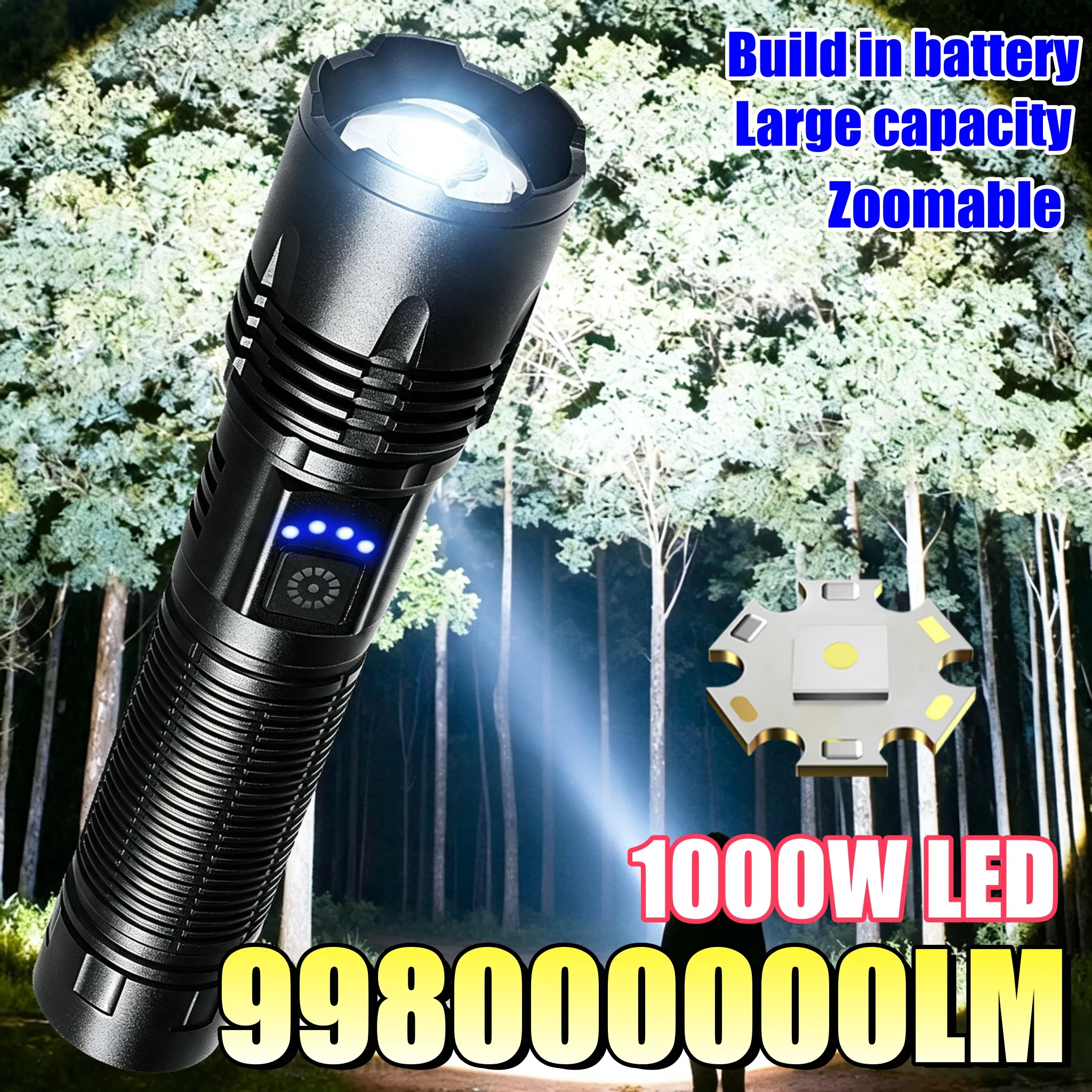998000000LM 1000W LED Strong Light Flashlight Portable Rechargeable Lamp Built-in Battery Tactical Torch Outdoor Fishing Lights