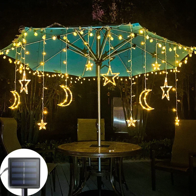 LED Solar Curtain Lamp 3.5m Star Moon Snowflake Garland Holiday Strip Light Outdoor Fairy Eid Christmas Window Holiday Decor