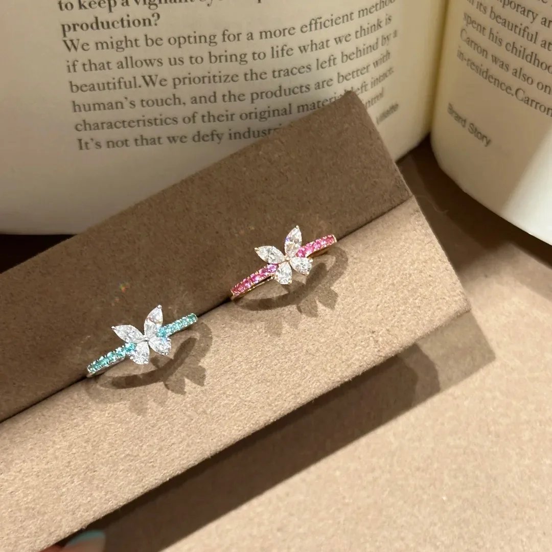 Elegant Dainty Butterfly Zircon Ring For Women Colorful Paved CZ Crystal Thin Stacking Band Ring Party Anniversary Jewelry Gift