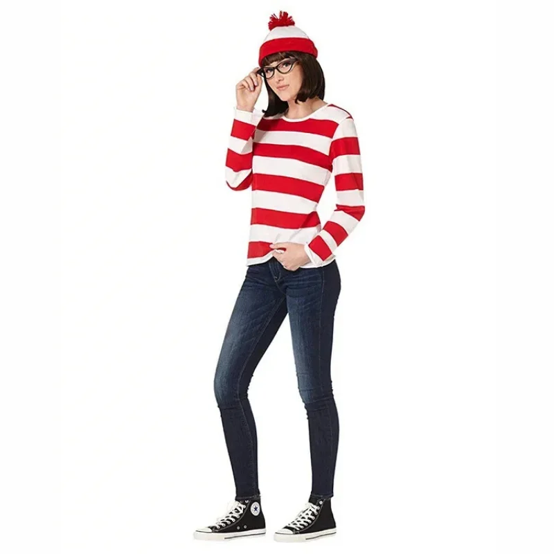 ❤ 2026 ✚ Camiseta a Rayas de Donde Está Waldo para Niños, Disfraz de Wally con Gafas, Sombrero y Calcetines, Unisex para Adultos, Disfraz de Halloween ◀