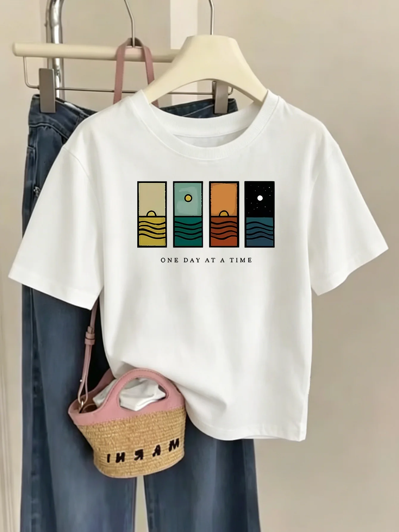 Boys Girls Kids Family Matching Tee Abstract Sea Sunset One Day At A Time Print Short Sleeve Soft Summer Parent Child Casual Top
