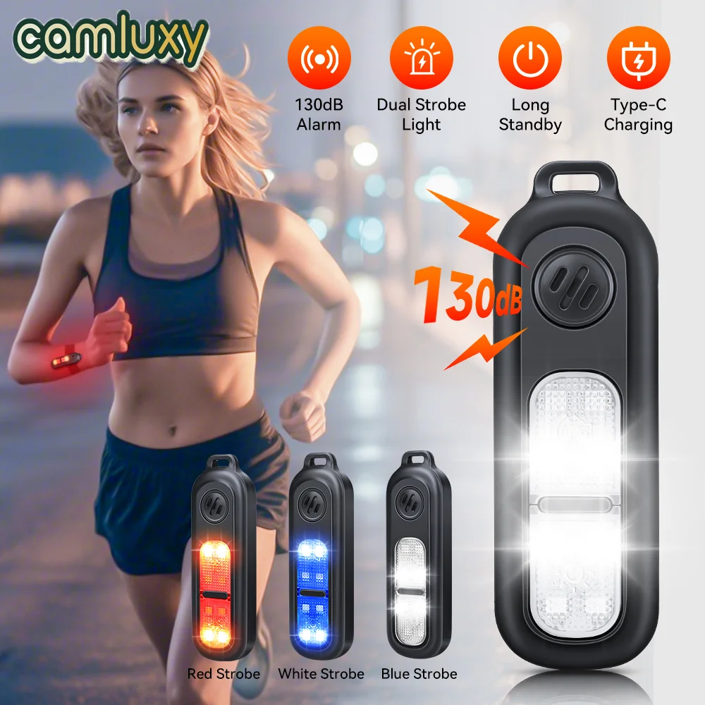 Camluxy 130dB إنذار الدفاع عن النفس من النوع C قابل لإعادة الشحن ضوء ليلي للطوارئ LED شخصي مع سلسلة مفاتيح للجري الليلي