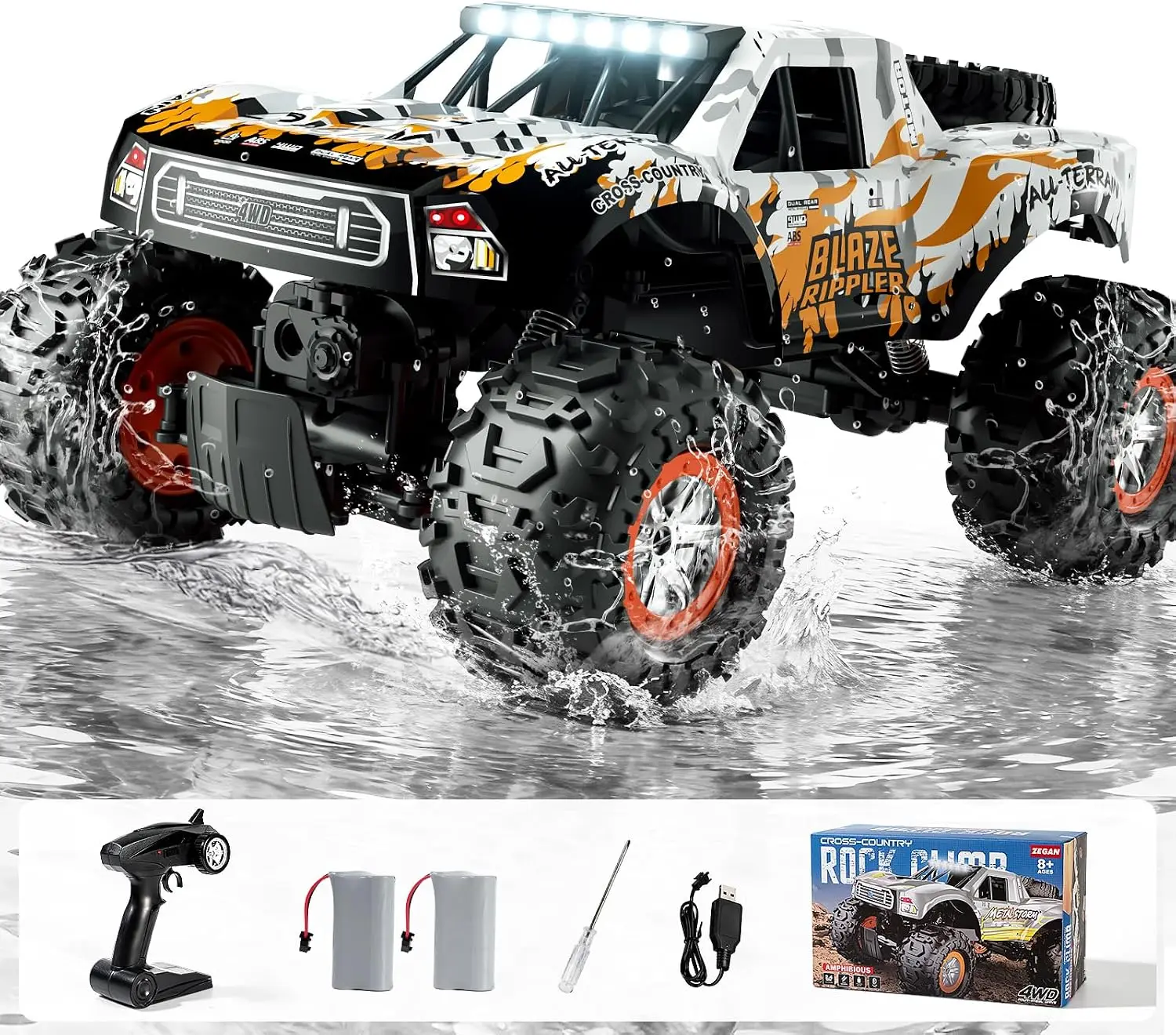 1:10 Amphibious Remote Control Car, 2.4 GHz Waterproof Monster Truck, 4WD All Terrain Pickup RC Truck with 2 Batteries