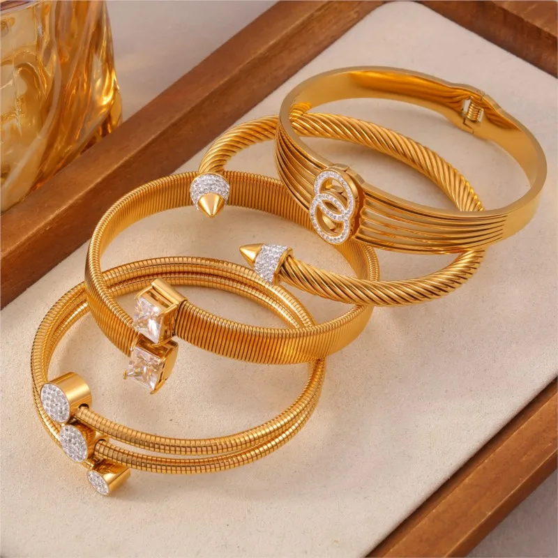 Pulseira de aço inoxidável para mulheres, braceletes banhados a ouro 18k, impermeável, elegantes pulseiras manuais, joias de luxo