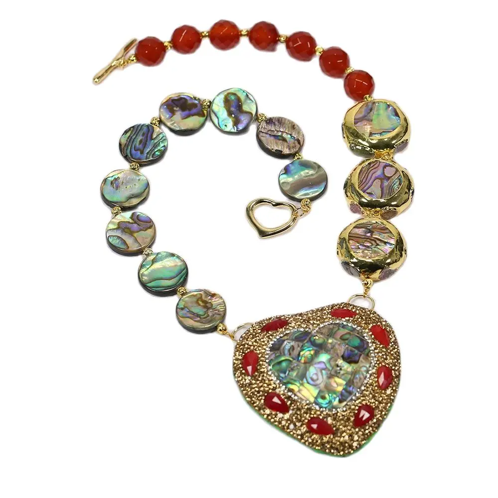 G-G Mix Color Gold Plated Abalone Coin Red Agates Carnelian Necklace Abalone CZ Paved Heart Pendant Women Gifts