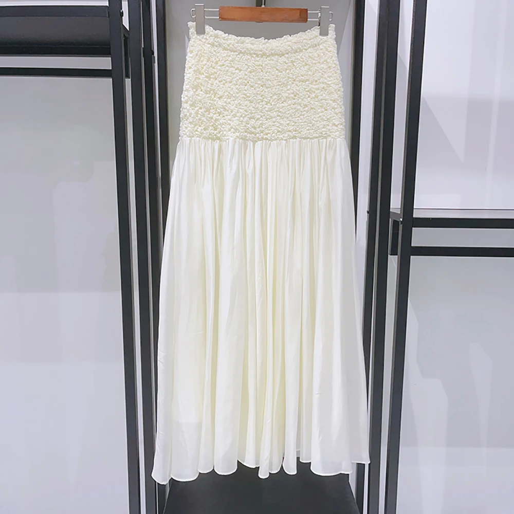 

Pleated Splicing Women Skirt Y2k Elastic Waist Temperament Elegant Commuter Hundred Straight Skirt 2025 Early Autumn New