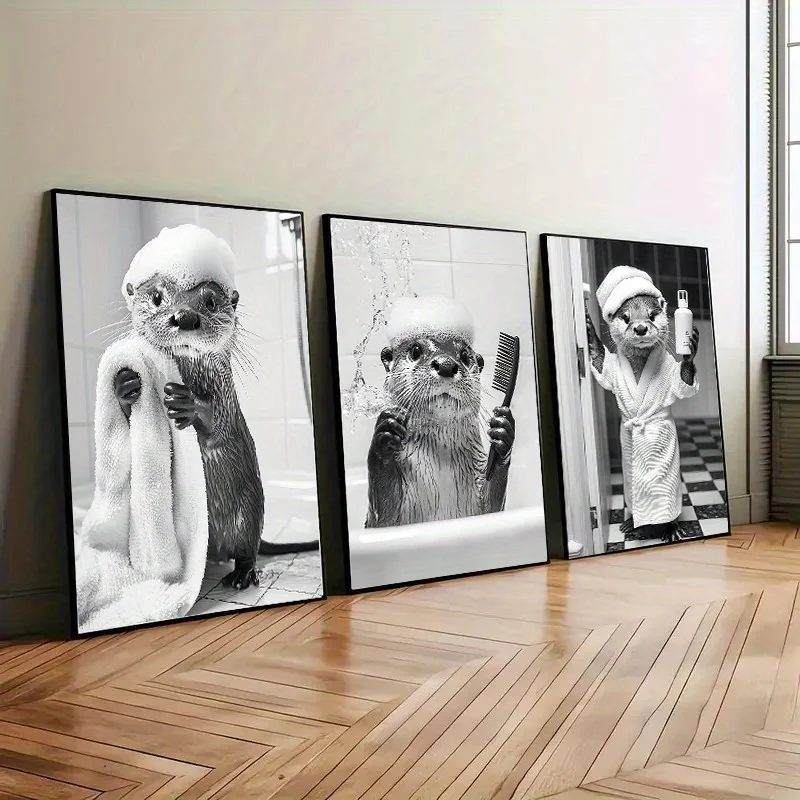 3PCS--3pcs Funny Otter Bathing Bathroom Canvas Poster Black White Cute Otter Animal Wall Art Print for Living Room Toilet Hom