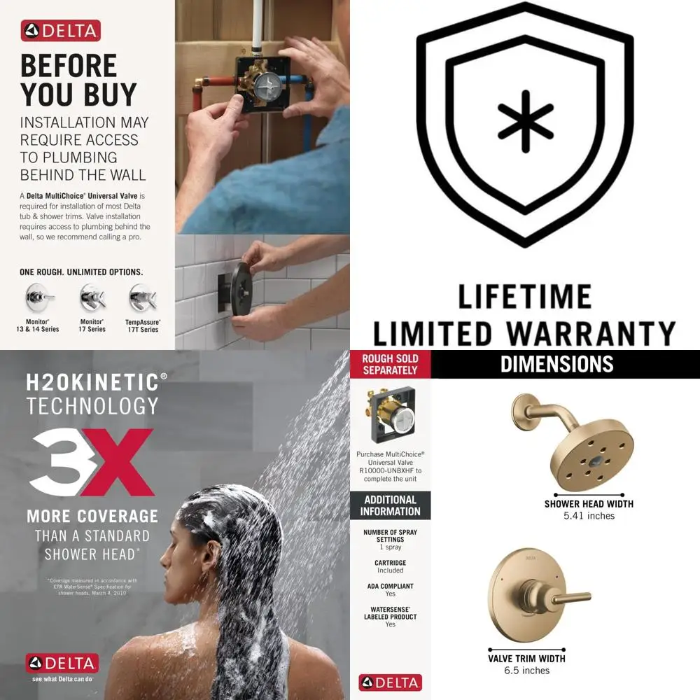 Single-Function Shower Trim Kit with Single-Spray H2Okinetic, Champagne Bronze T14259-CZ (Handle Not Included)