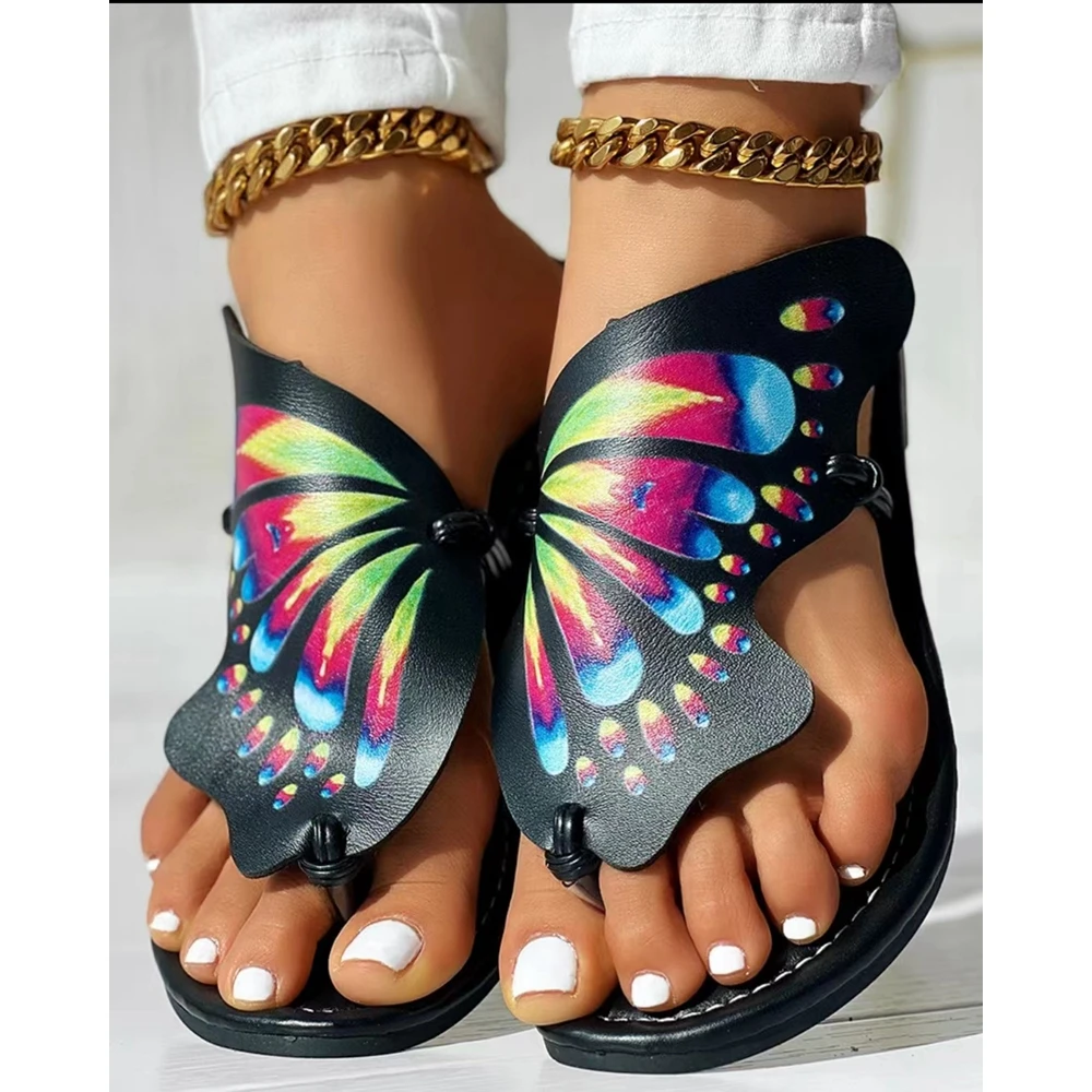 Summer Women Colorblock Butterfly Print Toe Post Slipper Casual Design Outdoor Beach Sandals Shoes Going Out Summer Shoes
