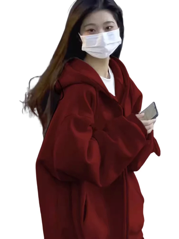 Sweat à capuche surdimensionné rouge vin Jaet femme décontracté coupe ample américain Sle automne hiver nouveauté Streetwear fermeture à glissière