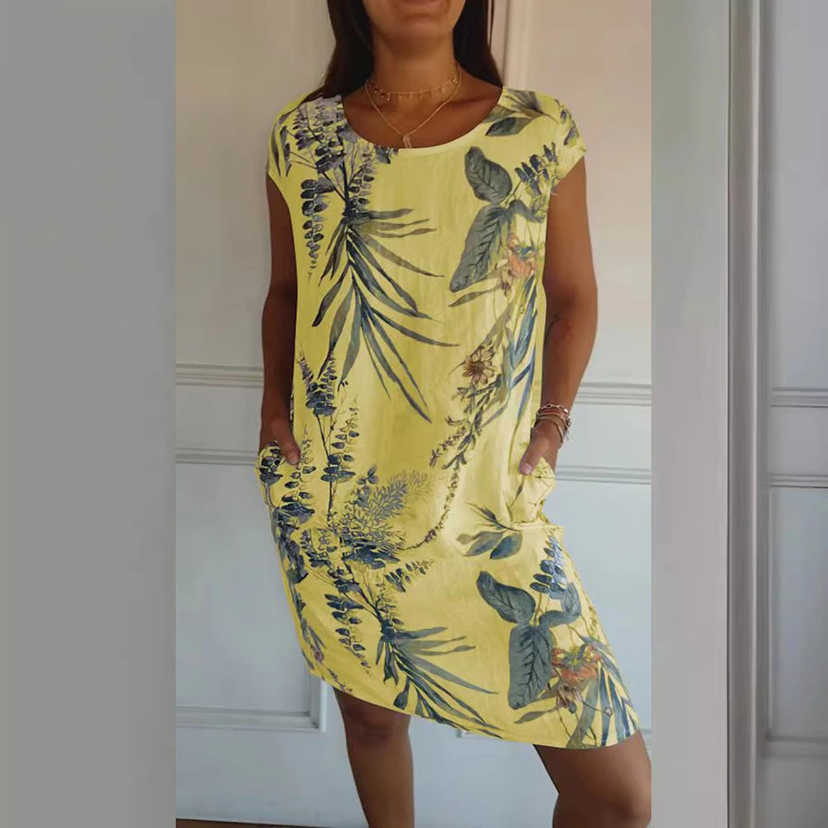 Vestido corto de verano con estampado Floral para mujer, minivestido holgado de manga corta con cuello redondo, bolsillo lateral, informal, para fiesta y playa