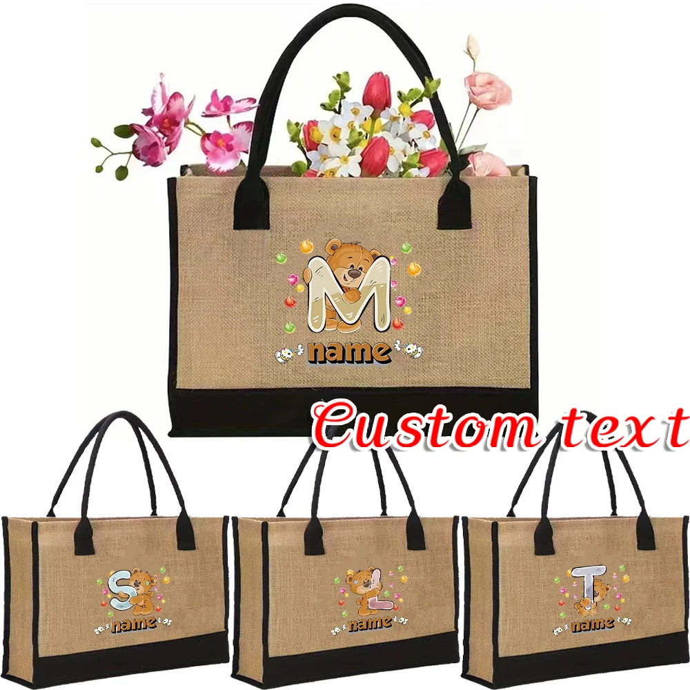 

Customized Name Women's Jute Shopping Bag Summer Beach Bag Storage Bag Large Capacity Cartoon Bear Pattern