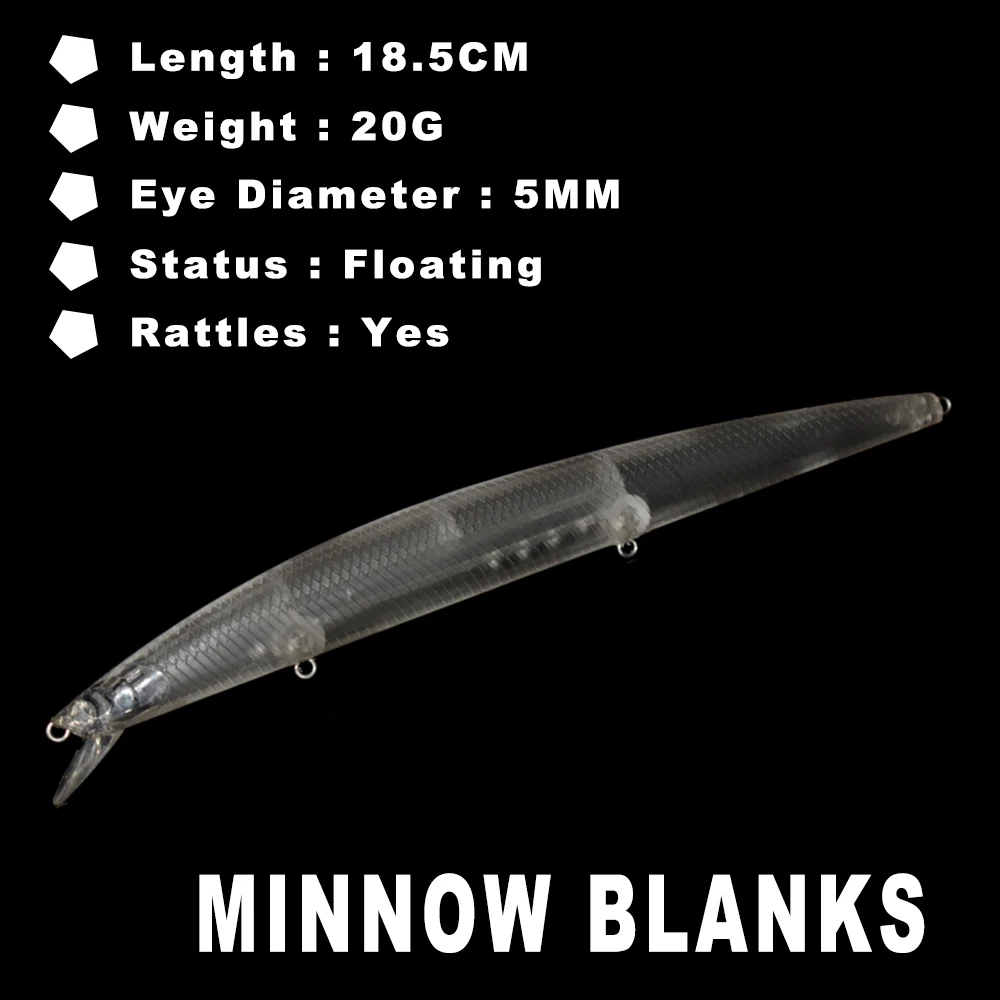 AYWFISH 10PCS Unpainted Floating Seabass Minnow Hard Fish Tackle 7.28IN 20G Saltwater Long Casting Jerk Bait Fishing Minnow Lure