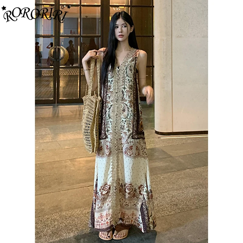 RORIRI خمر طباعة غرزة الخامس الرقبة تانك فستان طويل المرأة الصيف بلا أكمام فضفاضة عادية ألف خط قطعة واحدة بوهو عطلة الملابس