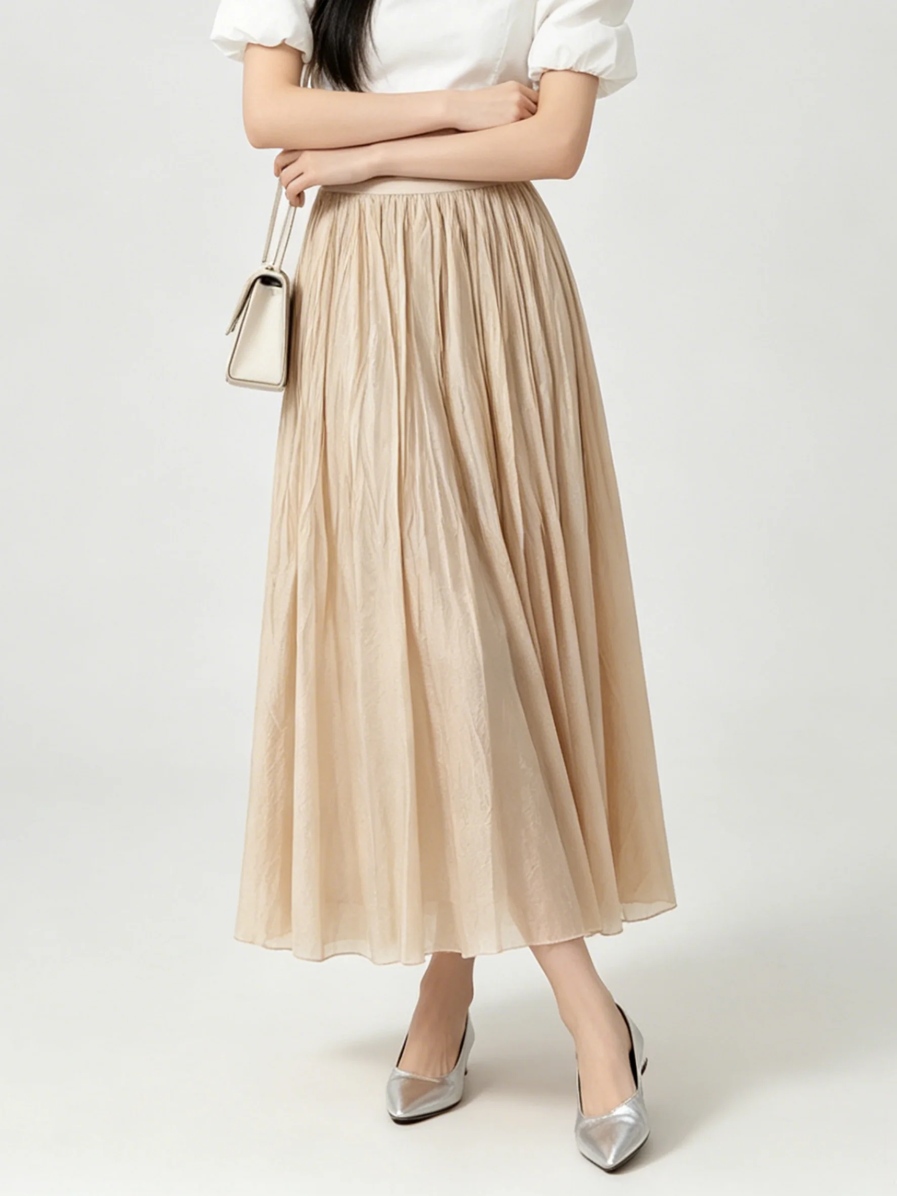 Slimming High Waist Midi Skirt Korean Style Simple Gentle Pleated Versatile Summer Half Body Skirt Breathable Skin-Friendly