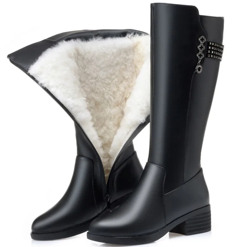 Women's Winter High-heeled Boots Made of Genuine Leather, with Wool Lining for Warmth and Thick Heel. Women's Winter Snow Boots.
