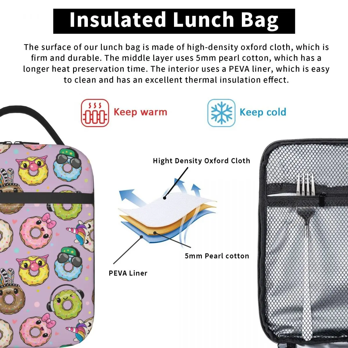 Insulated Lunch Bags Cute Cartoon Animal Donuts Accessories Lovely Donut Food Box Y2K Thermal Cooler Bento Box For Travel