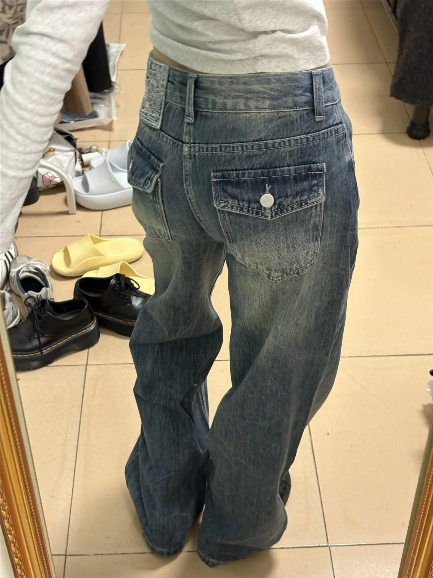 

American Style Vintage Low Waist Wide Leg Jeans Women's Loose Slimming Tall Extended Straight Tube Pants Casual Cotton