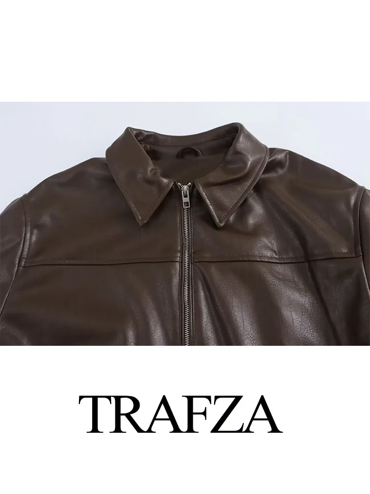 TRAFZA-Veste à Manches sulfet Col Rabattu pour Femme, Poches, Fermeture Éclair, Style Streetwear, Couleur Unie, Collection Automne