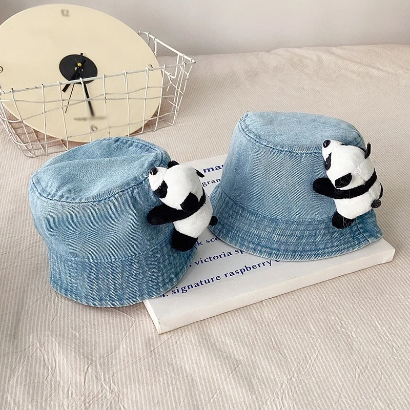 Cartoon Panda Decoration Camping Baby Bucket Cap for kids 6M-4Y Vintage Cotton Washed Denim Fisherman Hat Casual Outing Sun Cap