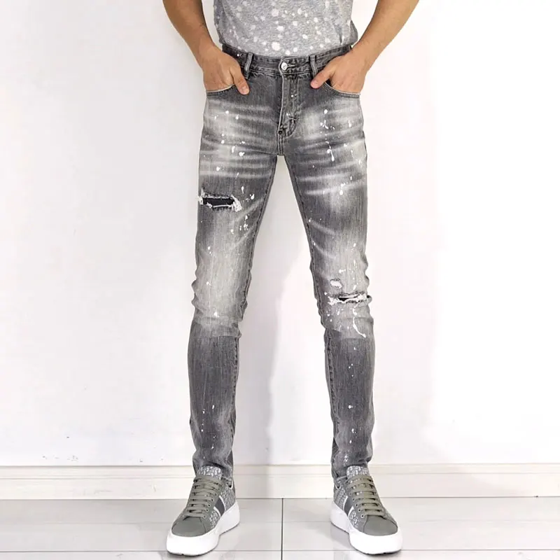 Men Grey Vintage Striped Washed Ripped Splash Ink Stretch Slim Skinny Jeans Mid Rise Hip Hop Streetwear Denim Jeans hombre