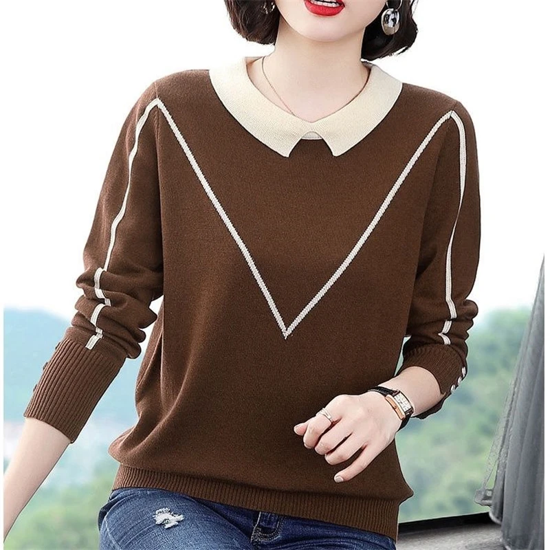 Women Korean Fashion Patchwork Elegant Knitted Sweater Autumn Winter Long Sleeve Loose Pullover Tops Casual Jumper Ropa De Mujer