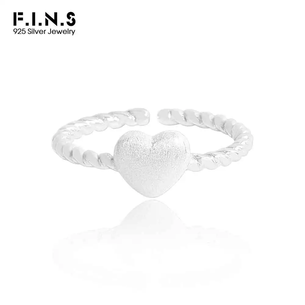 

F.I.N.S Original Twist Line Brushed Love Heart S925 Sterling Silver Ring Classic Heart-Shaped Open Adjustable Finger Jewelry