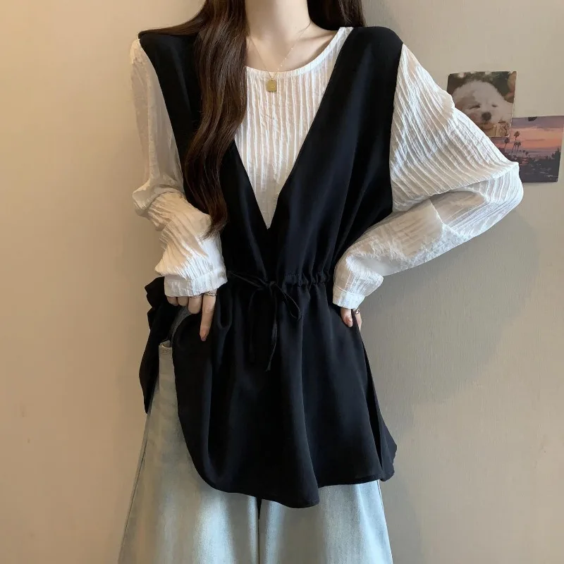 

Large Size Women's High-end Long-sleeved Chiffon Shirt for Spring and Summer New Style Slimming and Fat Fake Top