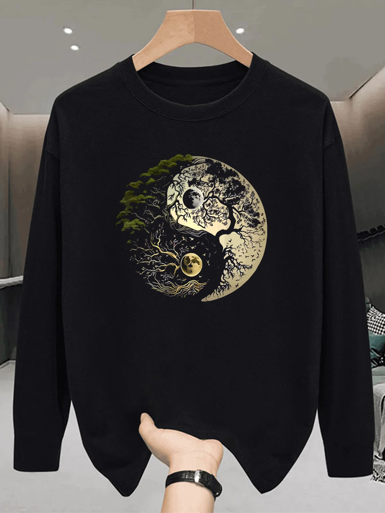 Men Long Sleeve T Shirt Pattern Dark Green Round Neck Casual Autumn Top Light Breathable Fabric Daily Wear Comfortable