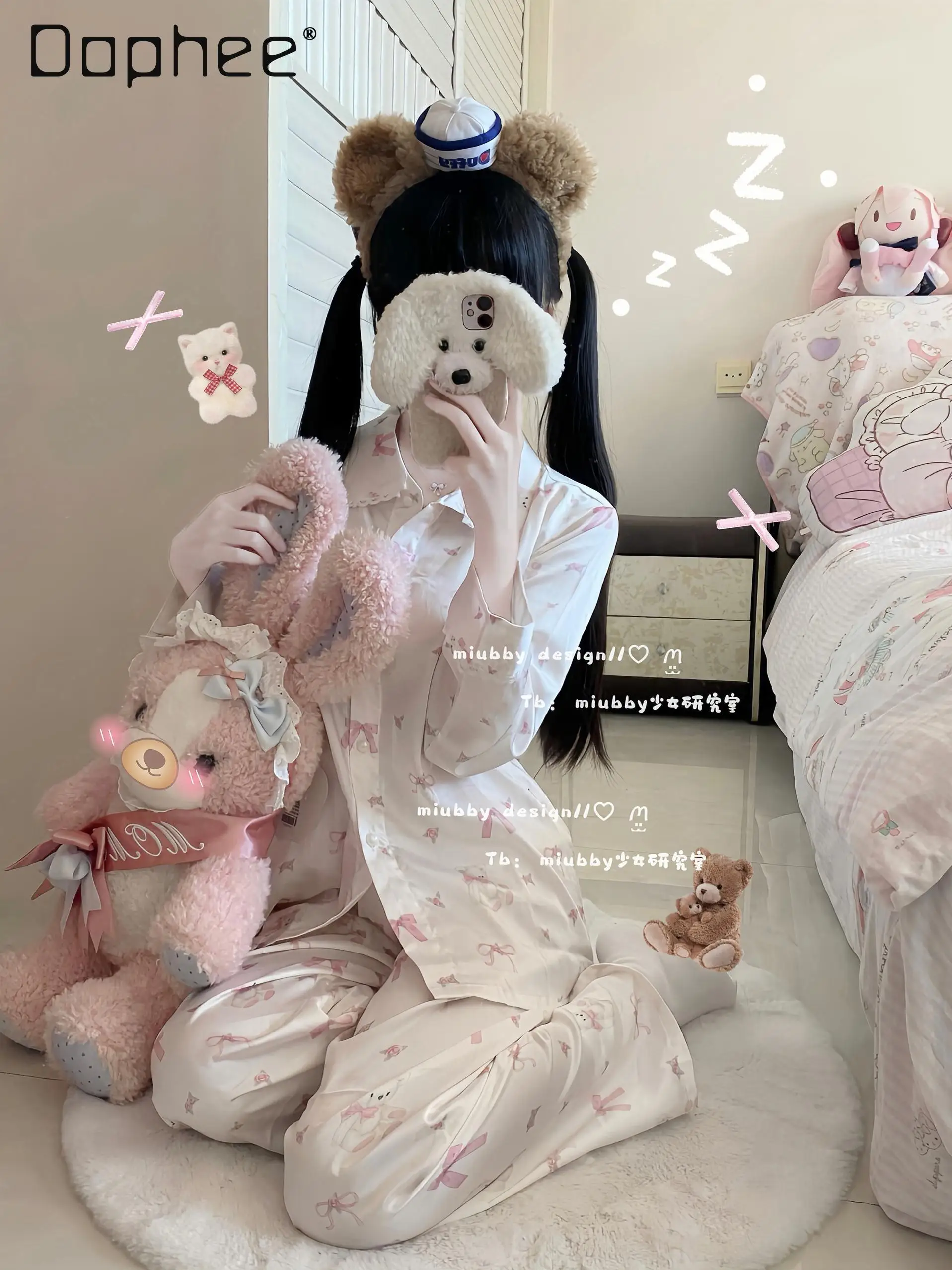 

Japanese Girl Pajama Sets Cartoon Bear Print Long Sleeve Ice Silk Doll Collar Lapel Lace Patchwork Homewear Set Spring Autumn