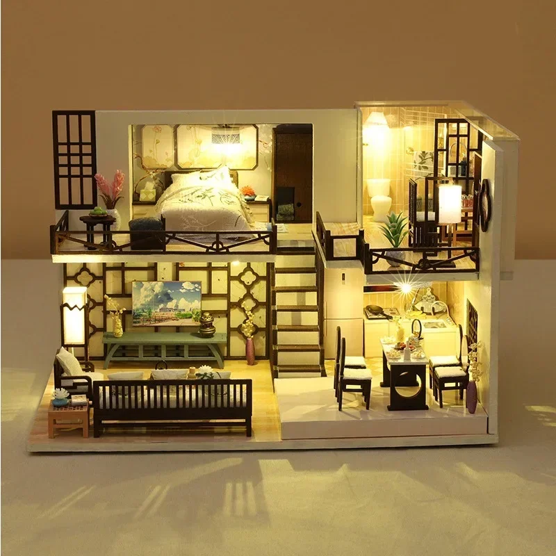 

Китайский древний деревянный миниатюрный домик-конструктор «Лофт» с мебелью, кукольный домик для подарков друзьям на день рождения