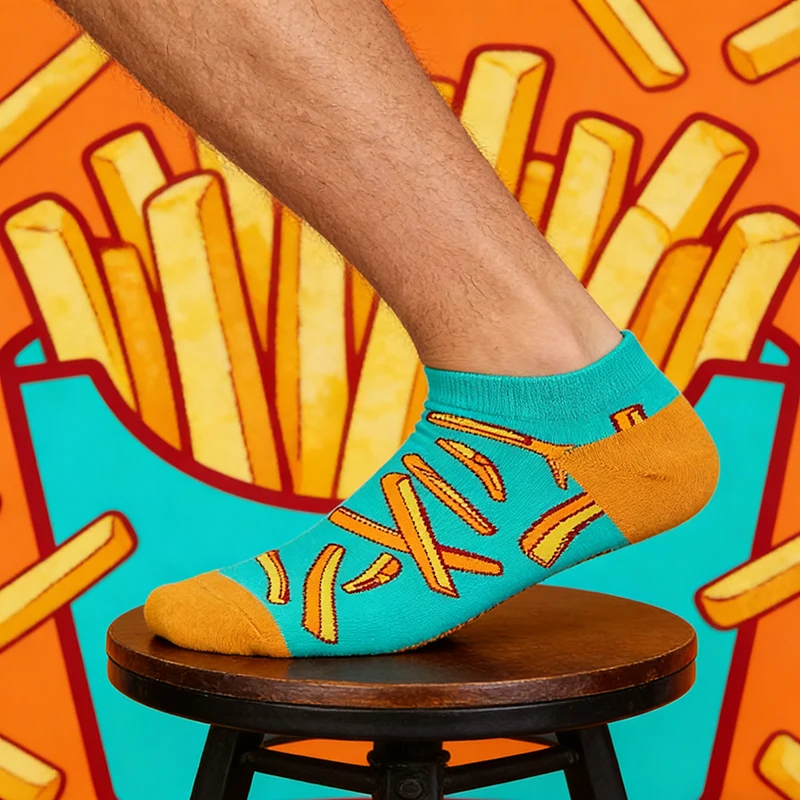 1 pair fun French Fries Printed  Socks - Blue & Yellow Color Blocking Casual Socks, Food Pattern Socks for Men/Women