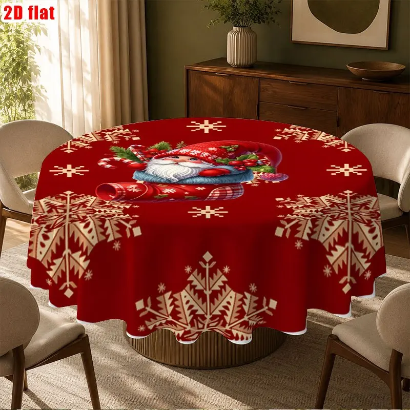 1 piece, Christmas table round table cloth decorated with Santa Claus dwarf and snowflake pattern,