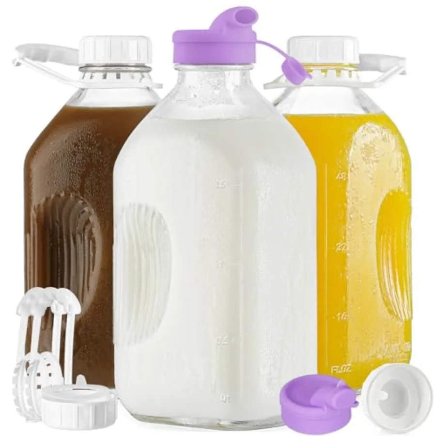 

3 Pack 64 Oz Heavy Duty Glass Milk Bottle with 2 Silicone Spouts, 4 Handles and 4 Reusable Airtight SCREW LIDS, 2 Qt Glass Wate