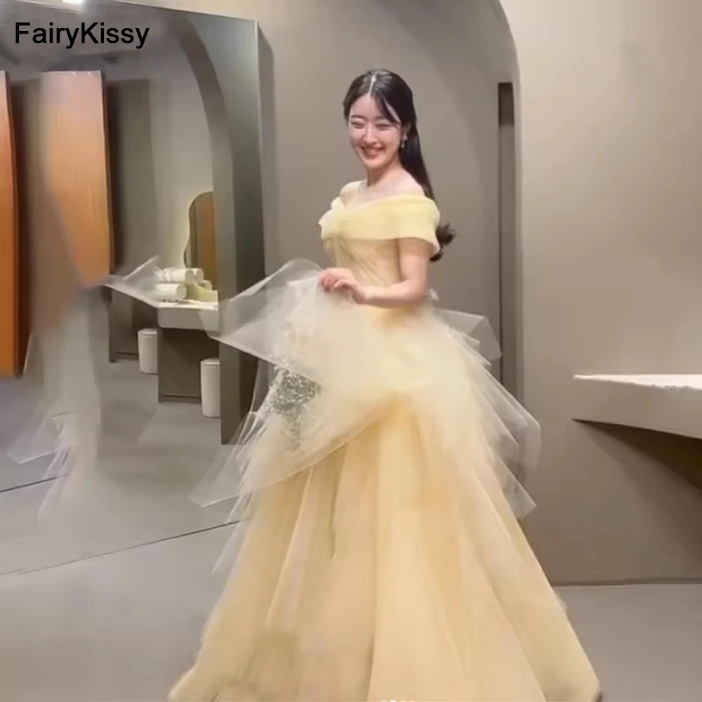 

FairyKissy Princess Pale Yellow Ball Gown Sweetheart Collar Korea Evening Dresses Corset Back Tiered Tulle Wedding Photos Shoot