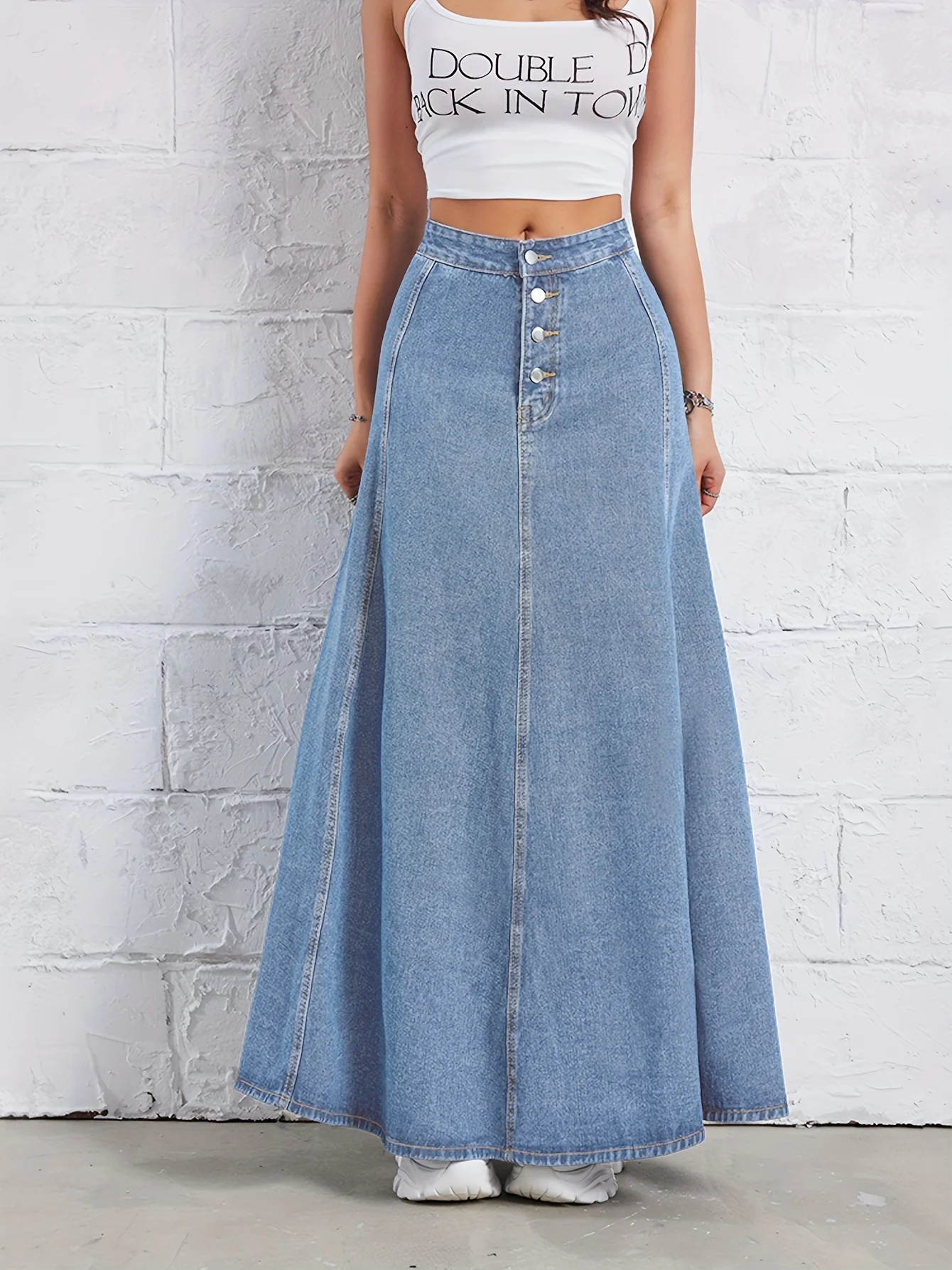 Design sense single-breasted denim skirt women's high-waisted slimming A-line umbrella skirt retro western style long skirt