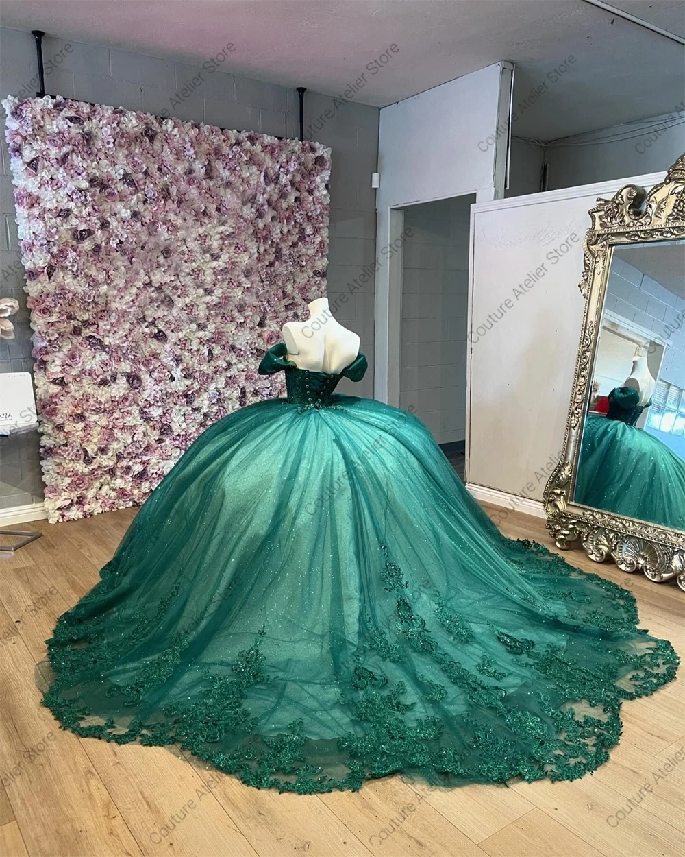 Apliques de cuentas de color verde esmeralda, 15 vestidos de quinceañera, vestido de fiesta de graduación con hombros descubiertos, vestido de fiesta de cumpleaños personalizado