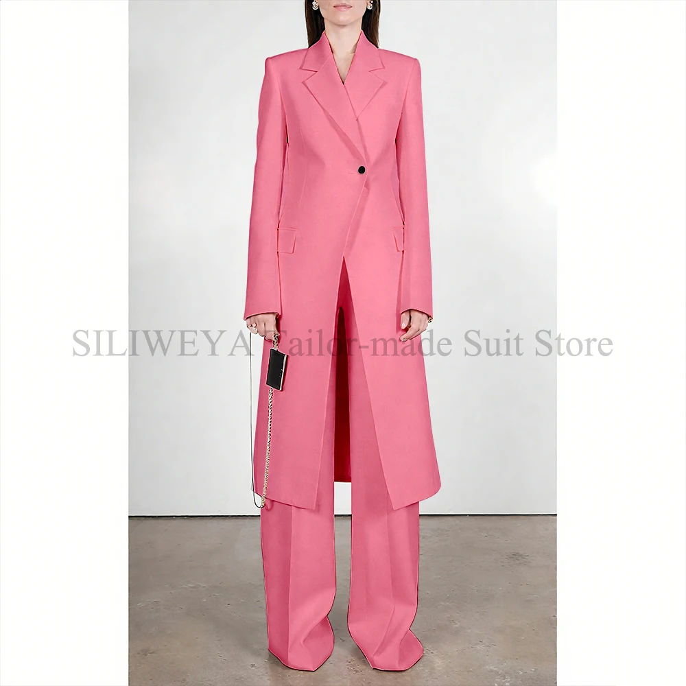 

Fashion Chic Pink Women's Suits Single Button 2 Pieces Jacket Pants Female Clothing Slim Fit Lady's Office Banquet Blazers Sets