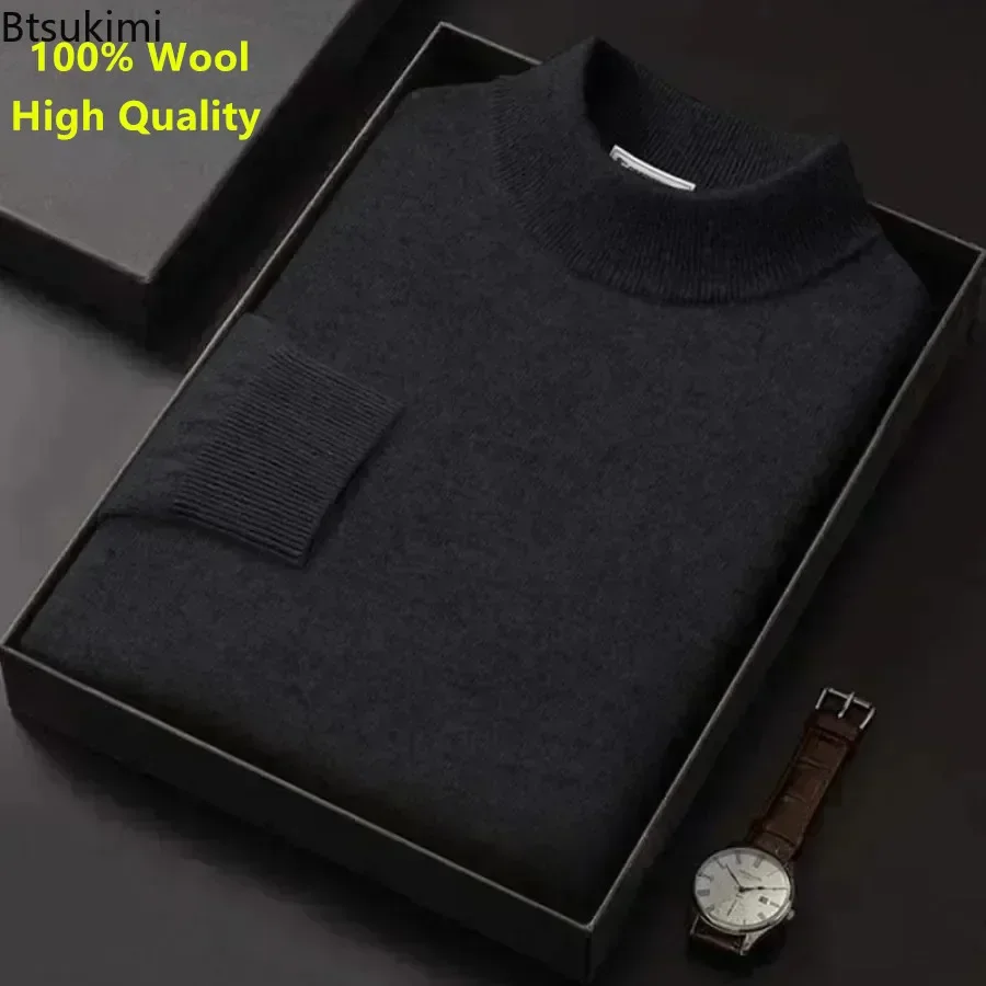 New 2024 100% Pure Woolen Sweaters Men's Half High Collar Cashmere Sweater Tops Autumn Winter Men Pullover Knitwear Warm Sweater