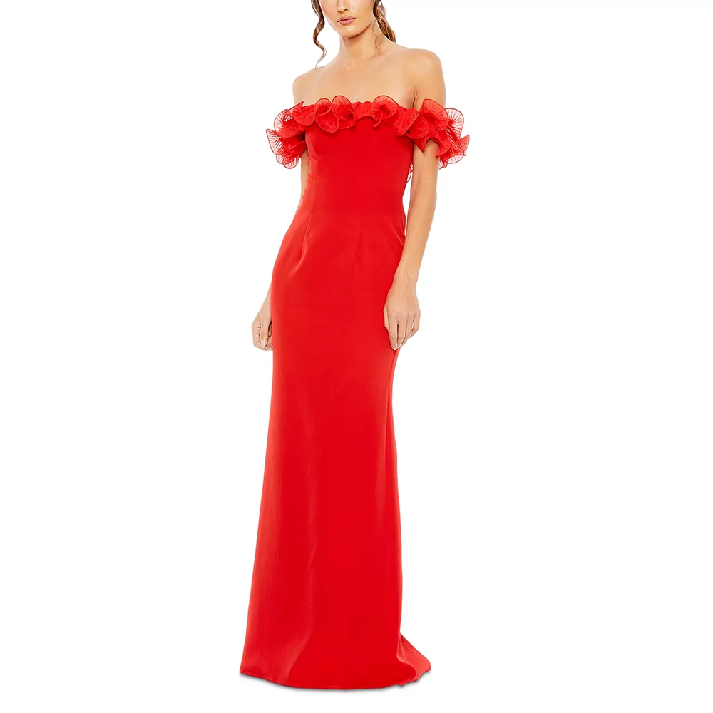 

Red Evening Dresses for Women Off The Shoulder Pleat Sleeveless Prom Gowns Backless Straight Floor Length Party Dress Customized