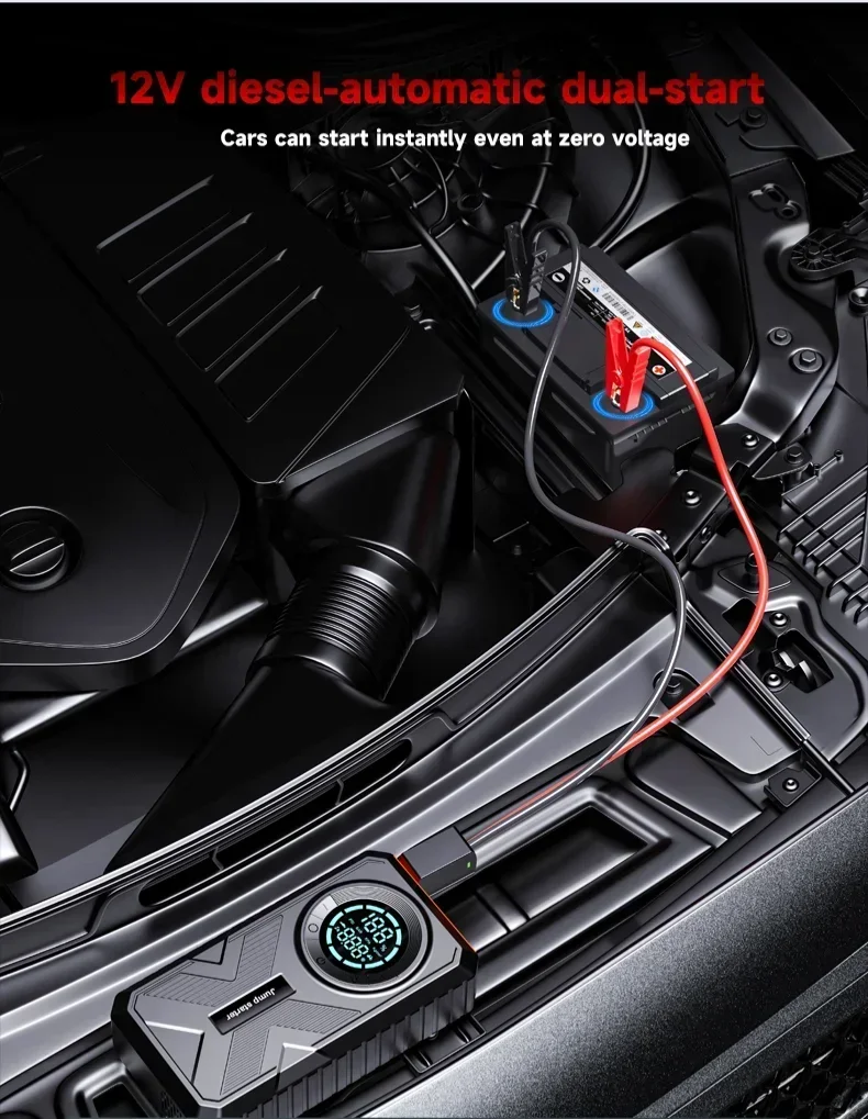 Portable Car Battery Starter Emergency Engine Booster with Air Pump Tire Inflator - Lithium Battery Powered Air Compressor