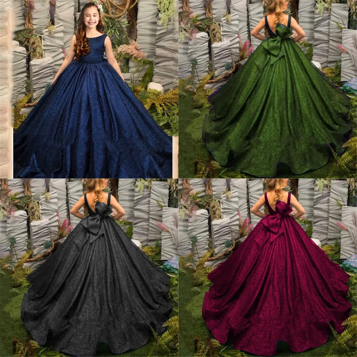 

Luxury Dark Blue Flower Girl Dress Fluffy Sleeveless For Little Princess Ball Beauty Pageant Kids Birthday Banquet Evening Gowns