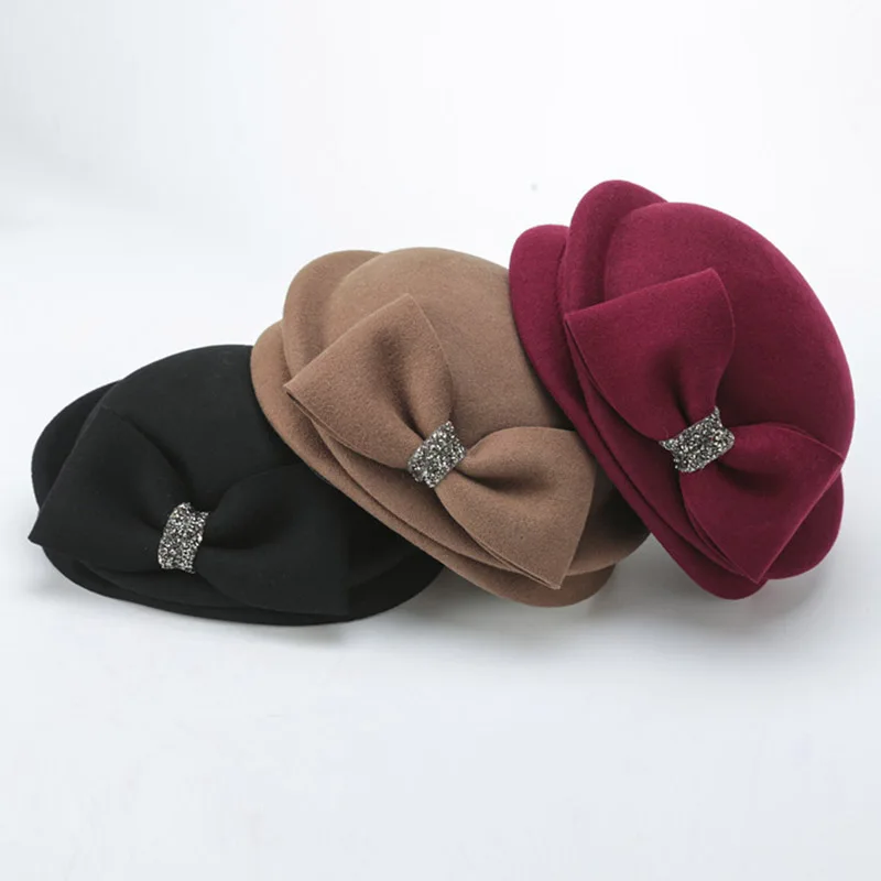 Elegant French Style Women Wool Berets Tam Winter Hats Rhinestone Bowler Hat Artist Boina Bowknot Cap Ladies Fascinator Hat