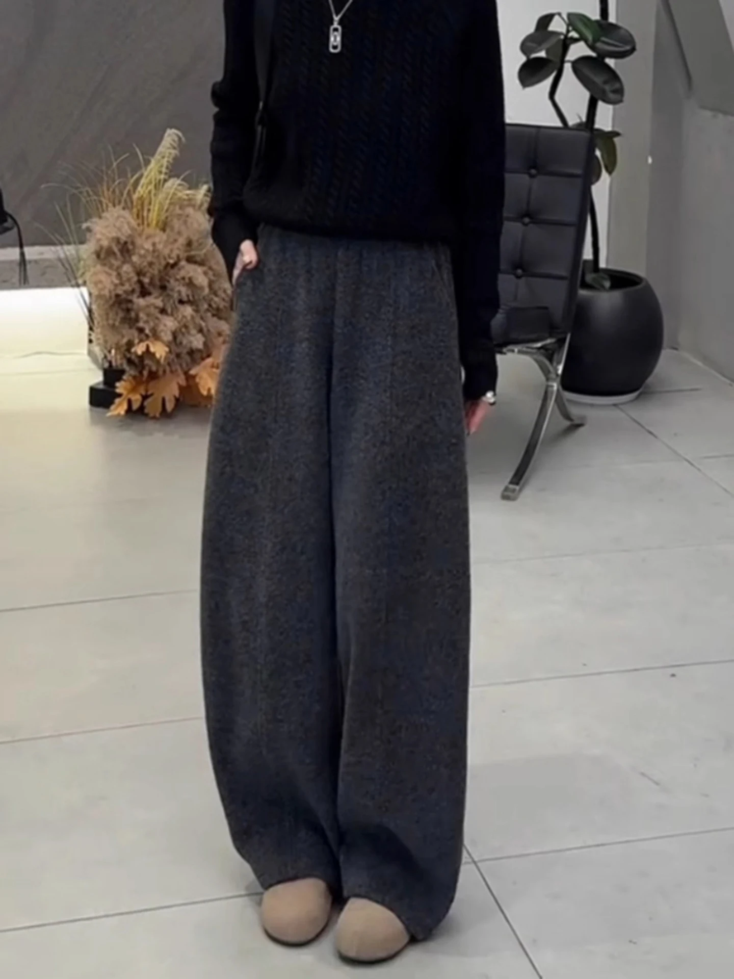 Koreańskie, swobodne, modne spodnie damskie z wysokim stanem, ocieplane, wyszczuplające, z szerokimi nogawkami, nowość na jesień i zimę.