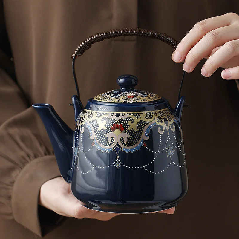 Glossy Ji‑Blue Ceramic Teapot Set, Large‑Capacity Japanese‑Style Bail‑Handle Teapot & Teacups Complete Tea Set