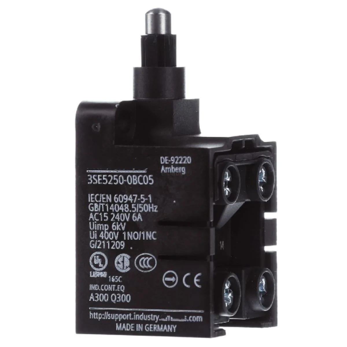 3SE52500BC05 3SE5250-0BC05 3SE5 Series Plunger Limit Switch, NO/NC, Plastic Housing
