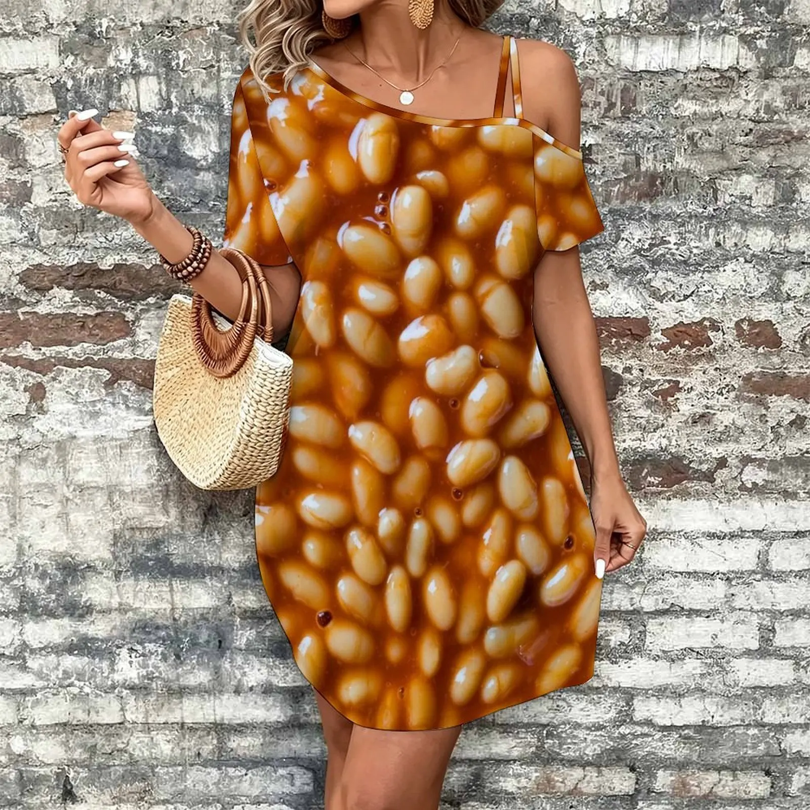 Baked Beans Women's Slanted Shoulder Single Strap Short-Sleeved Dress